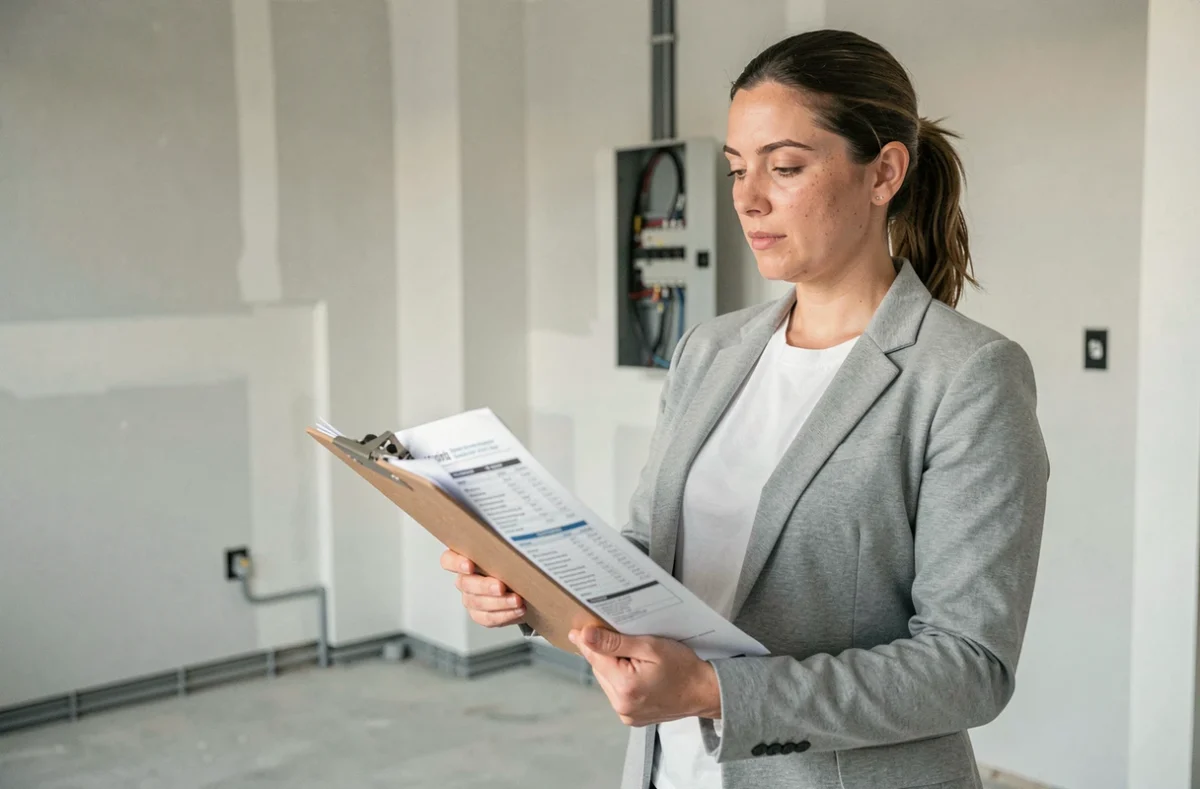 Chef de projet féminine consultant un devis de prise électrique dans une maison en construction neuve