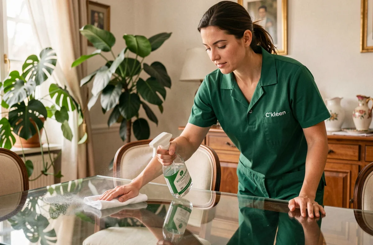 Agente C'kleen Services nettoyant une table en verre avec un produit écologique dans une salle à manger