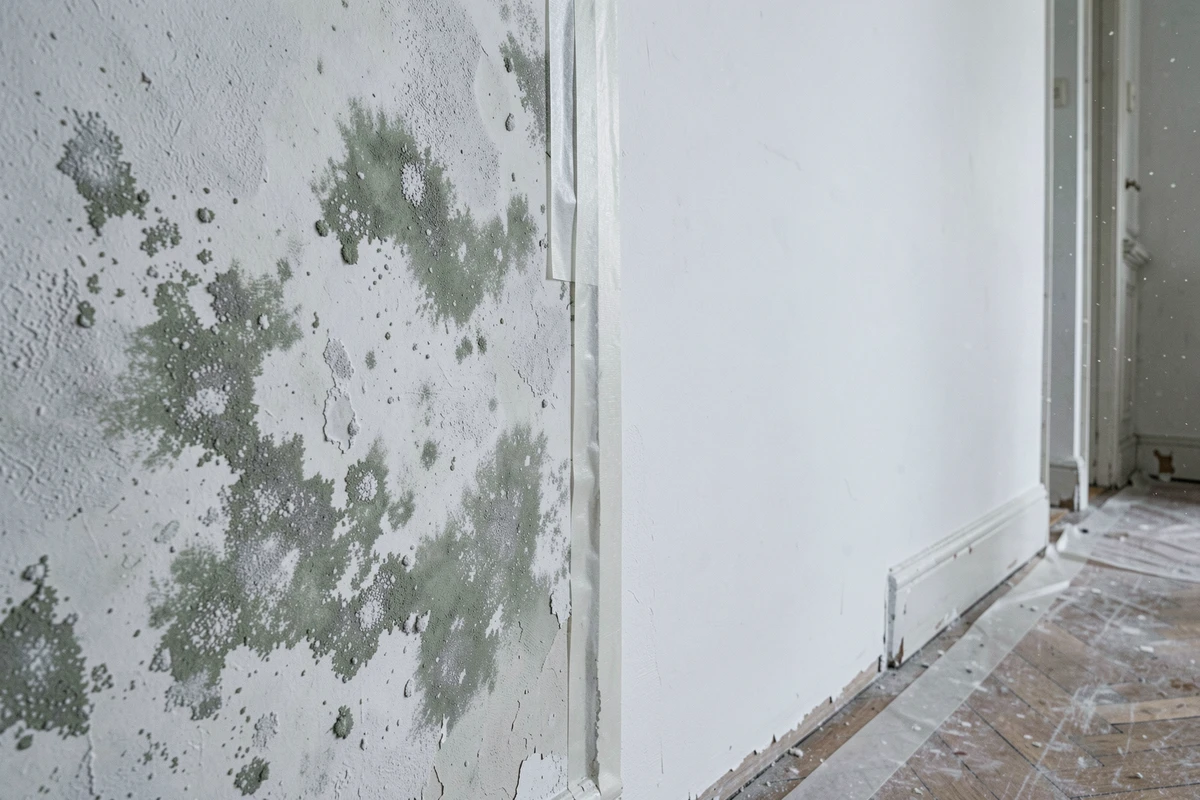 Comparaison visuelle avant-après traitement humidité sur un mur en plâtre avec traces de moisissures et zone assainie