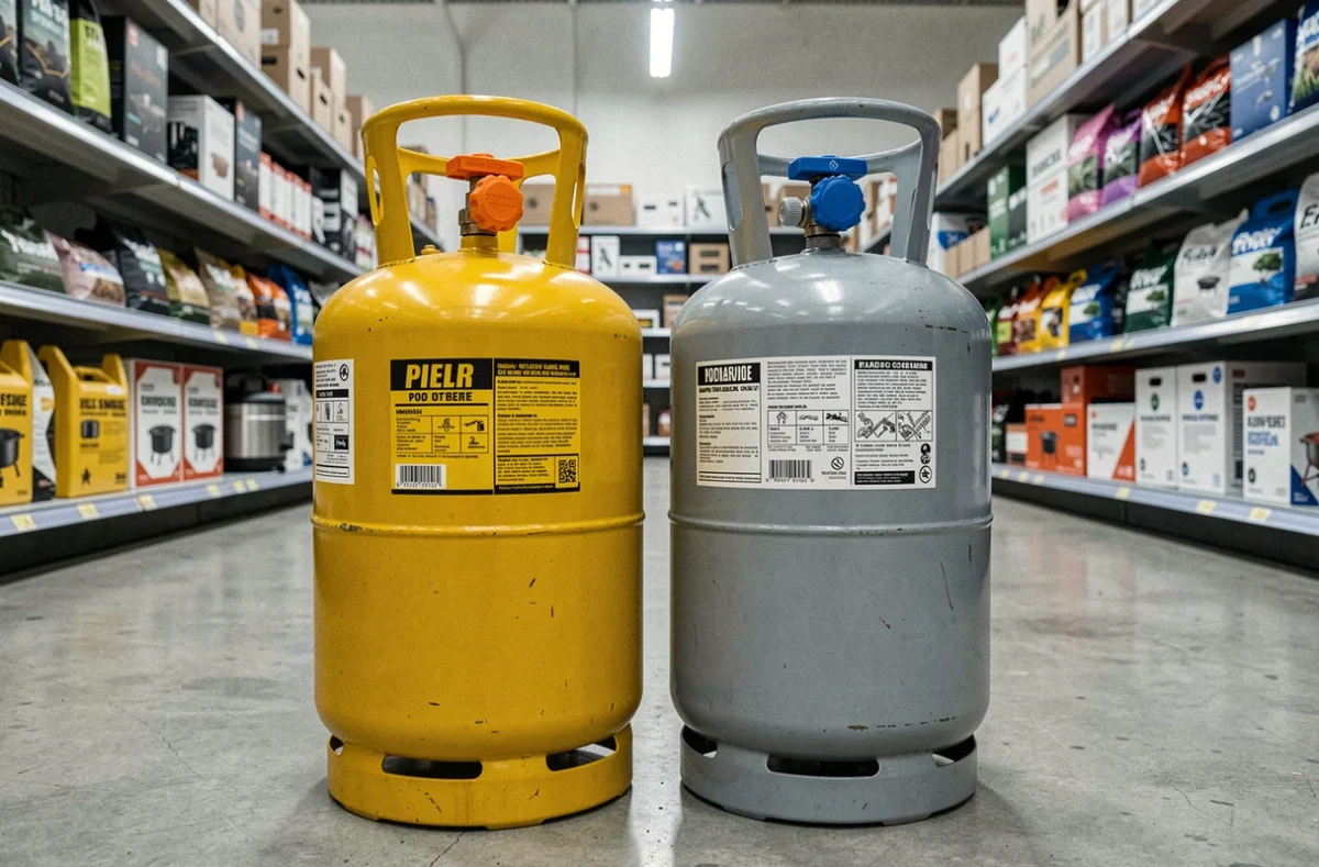 Comparaison entre bouteilles de butane et propane avec leurs détendeurs respectifs en magasin de bricolage