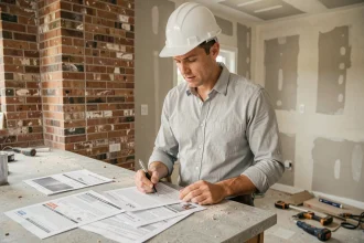 Homme casqué comparant plusieurs devis de travaux dans une cuisine en rénovation