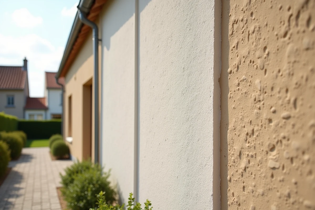 Comparaison de trois finitions de façade côte à côte : crépi gratté, enduit lisse et revêtement silicone texturé