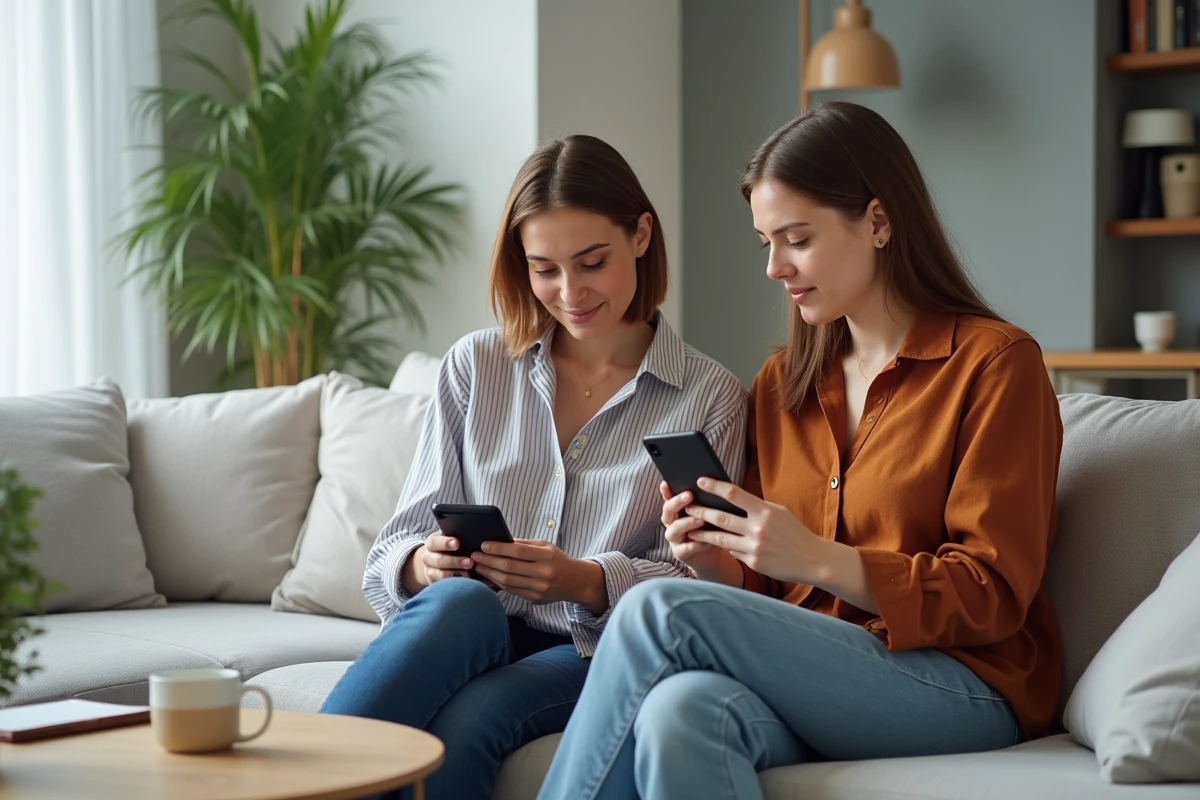 Deux femmes comparant leurs listes de courses en ligne sur smartphone dans un salon
