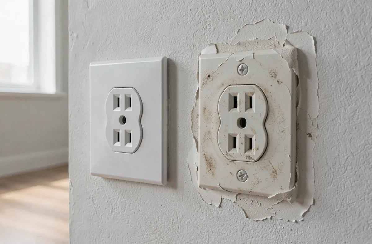 Comparaison côte à côte d'une prise électrique neuve en construction et d'une prise rénovée sur mur replâtré