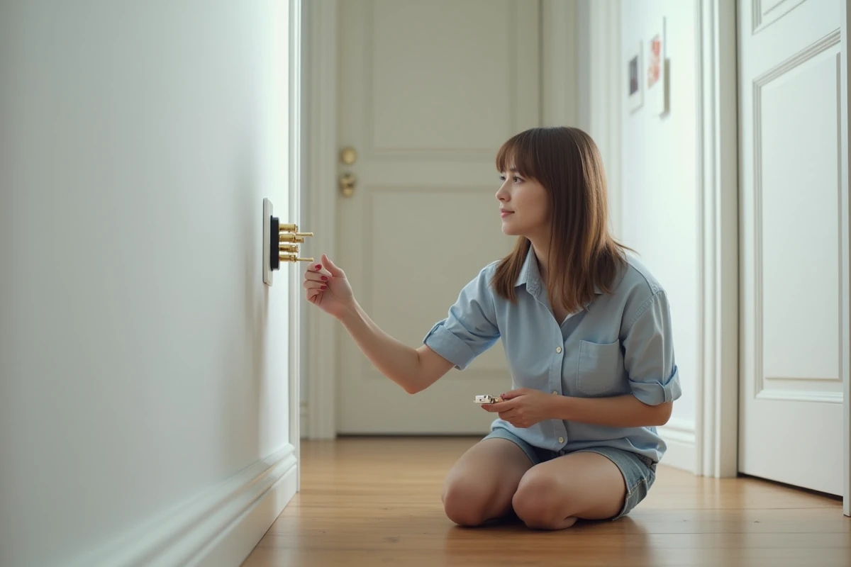 Jeune femme compare deux prises coaxiales dans le couloir