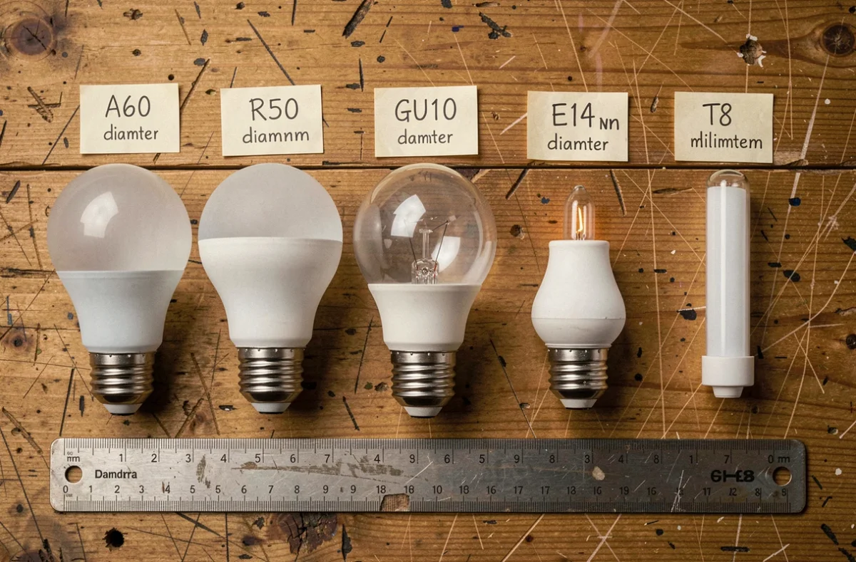 Comparaison de différentes tailles et culots d'ampoules posées sur un établi avec une règle