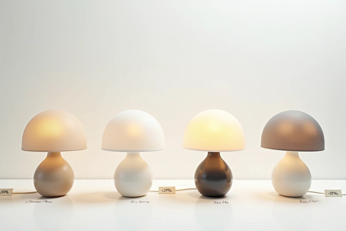 Comparatif de quatre lampes de chevet champignon de différents styles et prix alignées sur fond blanc