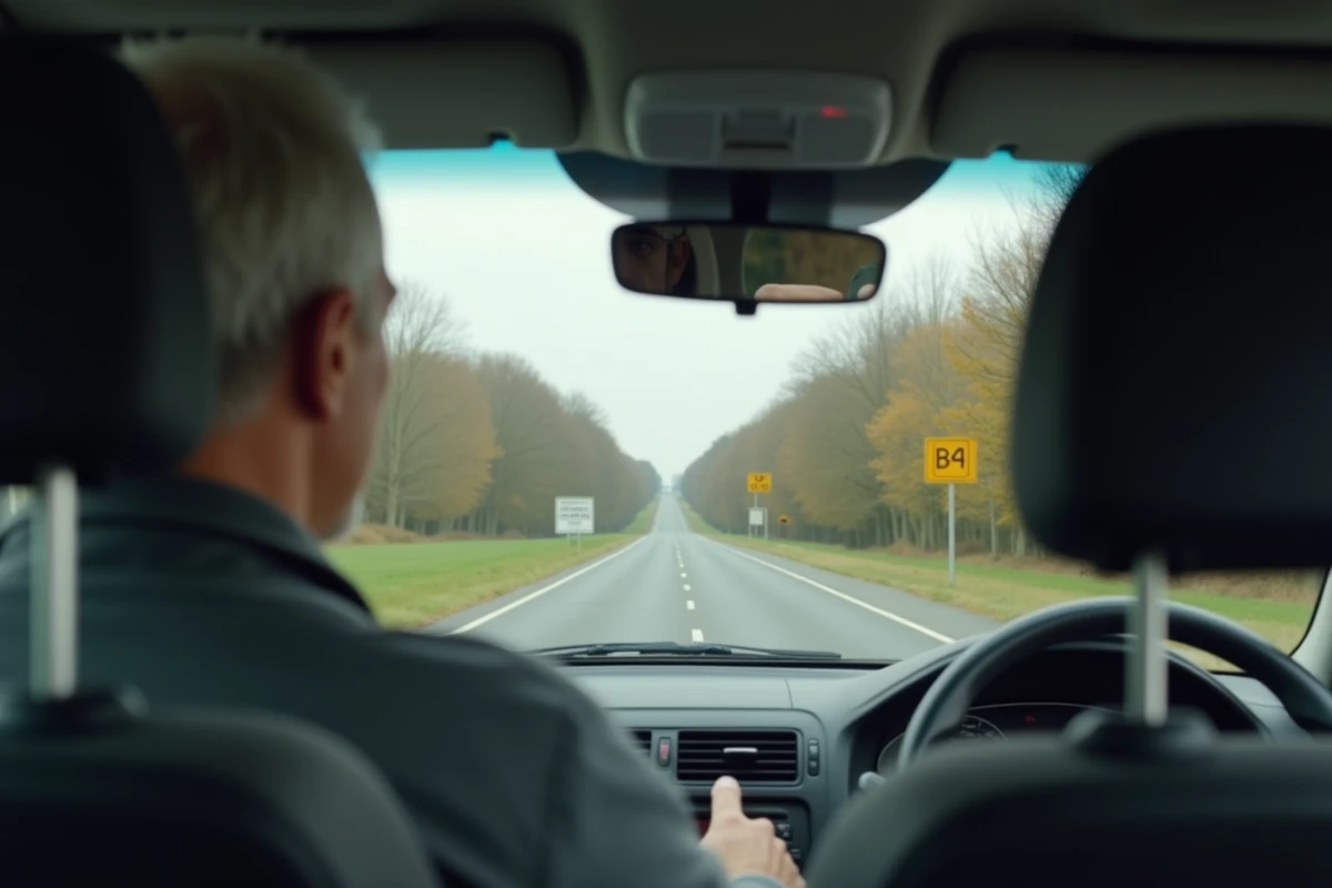 Conducteur observant les panneaux B33 et B34 depuis l'habitacle d'une voiture sur une route bordée d'arbres