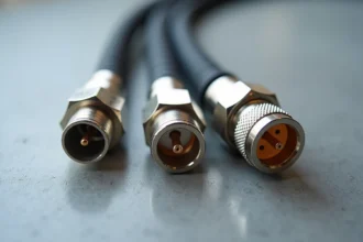 Trois types de connecteurs coaxiaux TV câble côte à côte montrant les différences entre fiches mâle, femelle et vissée