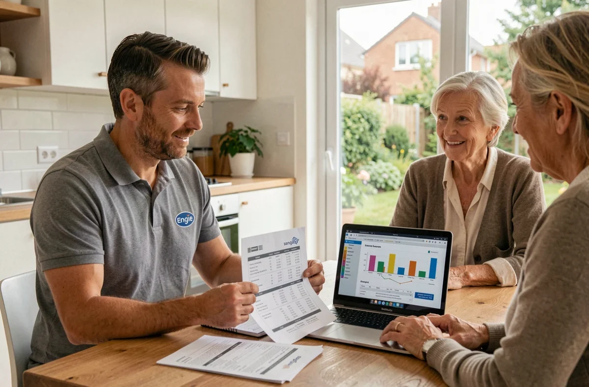 Conseiller en énergie solaire présentant les tarifs d'installation Engie à une famille française à domicile