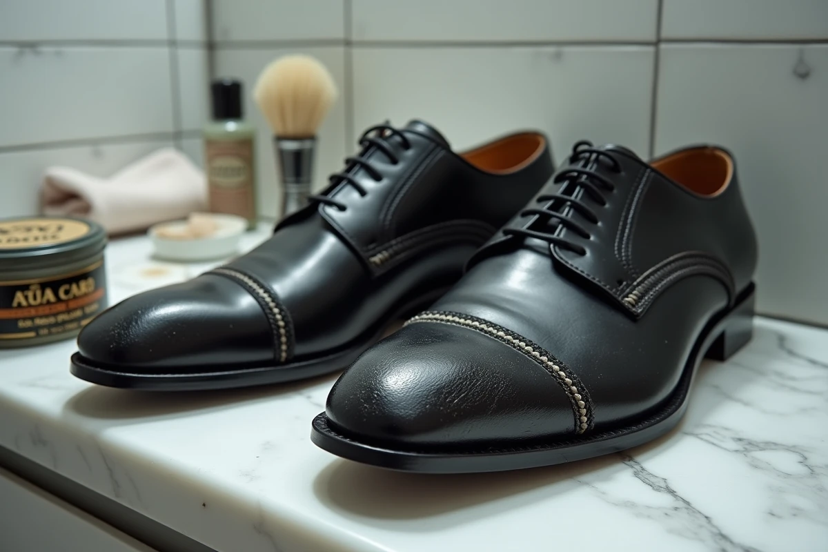Chaussures de ville en cuir noir abîmées avec dépôts de cire blanchâtre et craquelures visibles, posées sur un comptoir en marbre