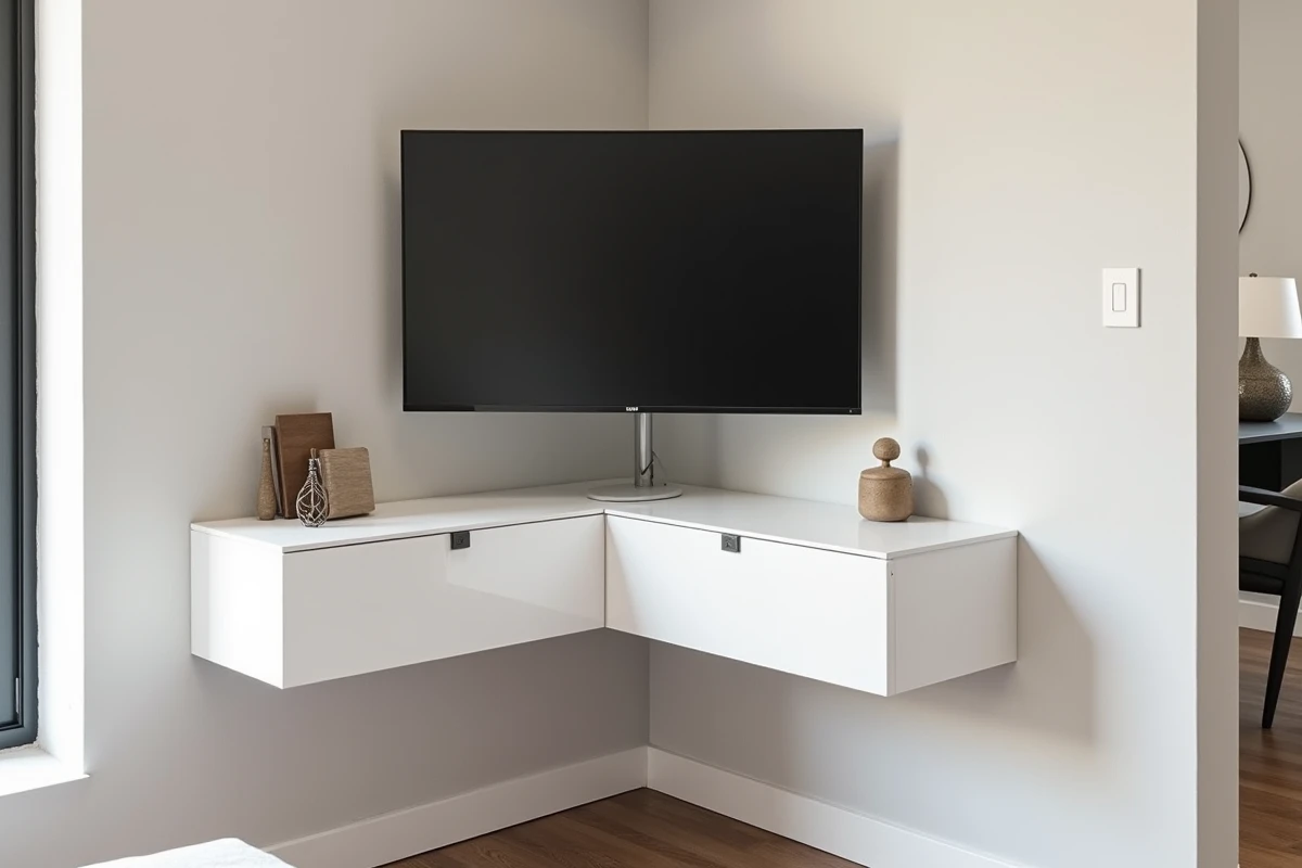 Console TV d'angle laquée blanche montée au mur dans un bureau chambre minimaliste contemporain