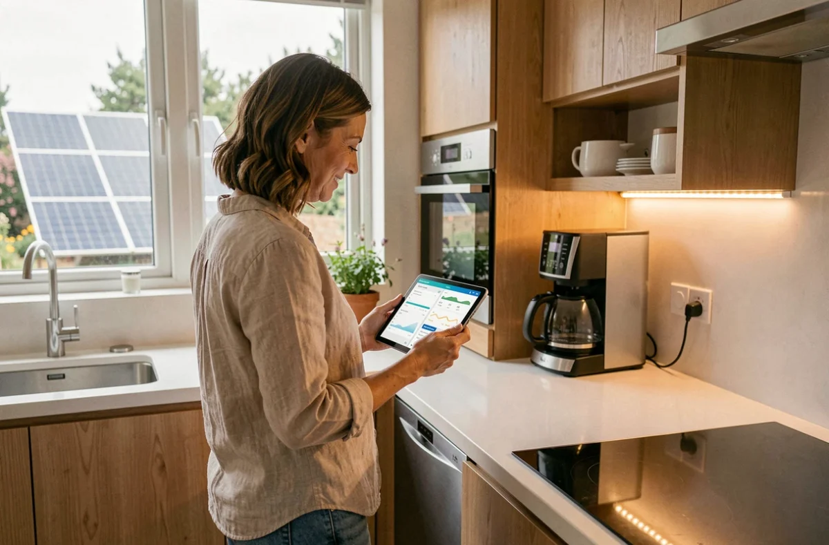 Femme consultant un tableau de bord de consommation d'énergie solaire dans une cuisine moderne alimentée par panneau solaire