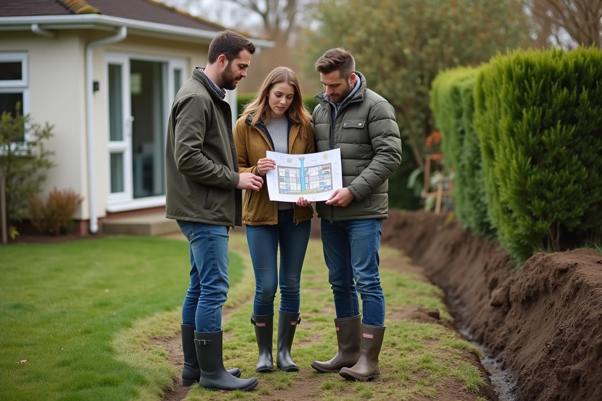 Propriétaires en consultation avec un expert en drainage pour leur jardin et leur maison