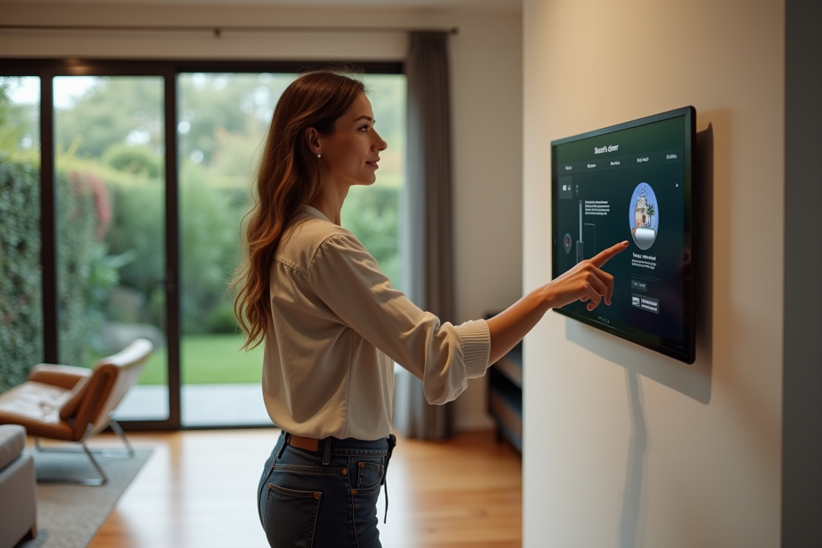 Femme d'âge moyen utilisant un panneau de contrôle intelligent dans un salon moderne