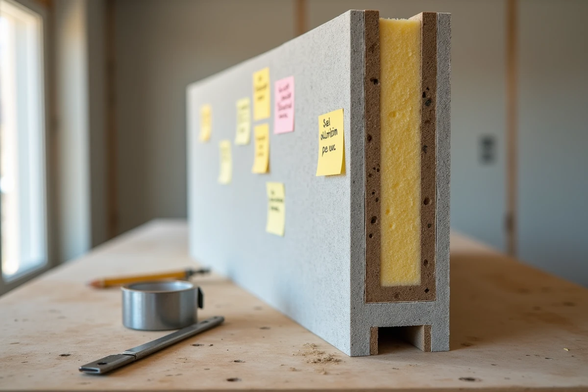 Coupe transversale d'une cloison en plâtre avec couche d'isolation acoustique et ossature métallique posée sur un établi de chantier