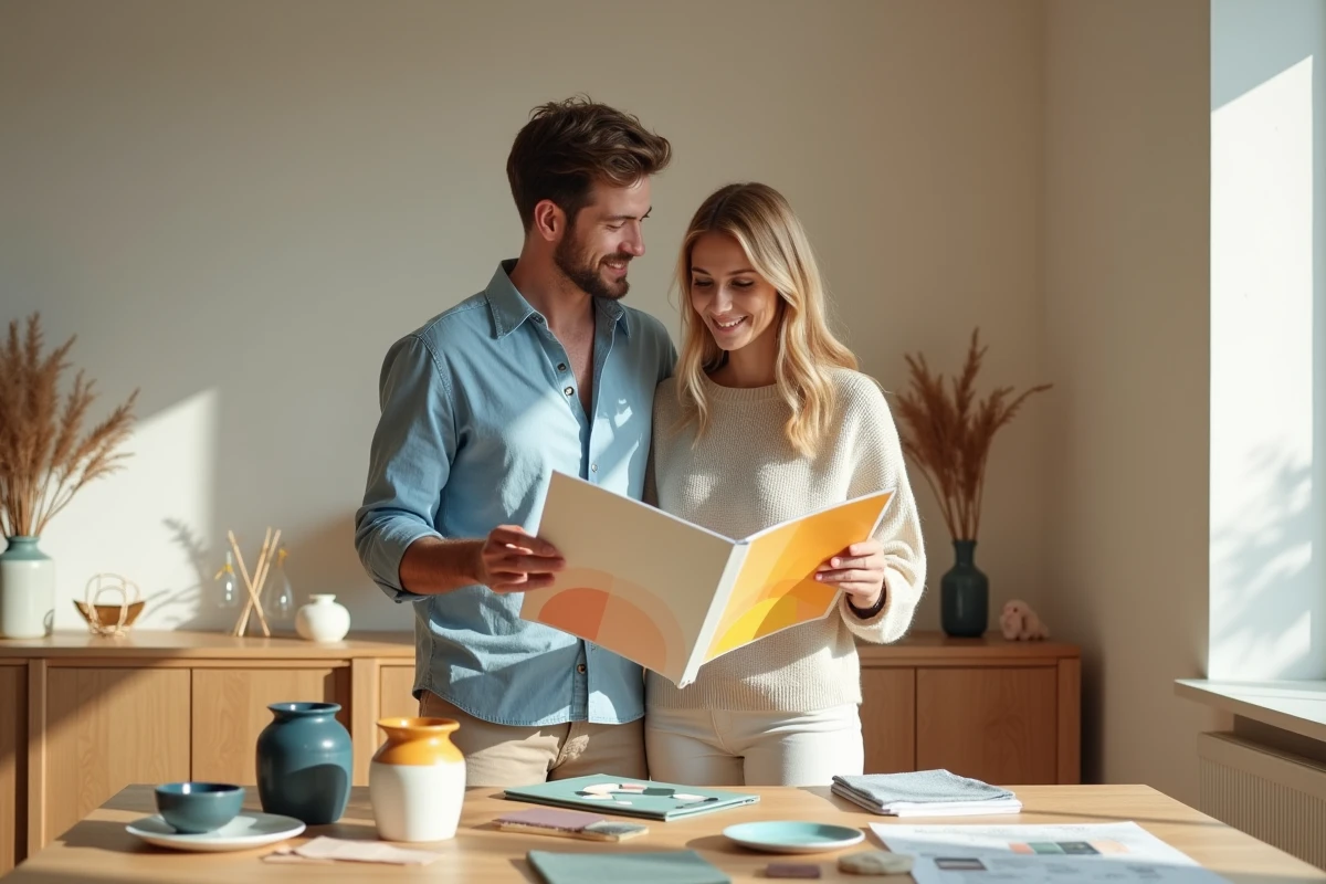 Jeune couple consultant un cercle chromatique dans une salle lumineuse