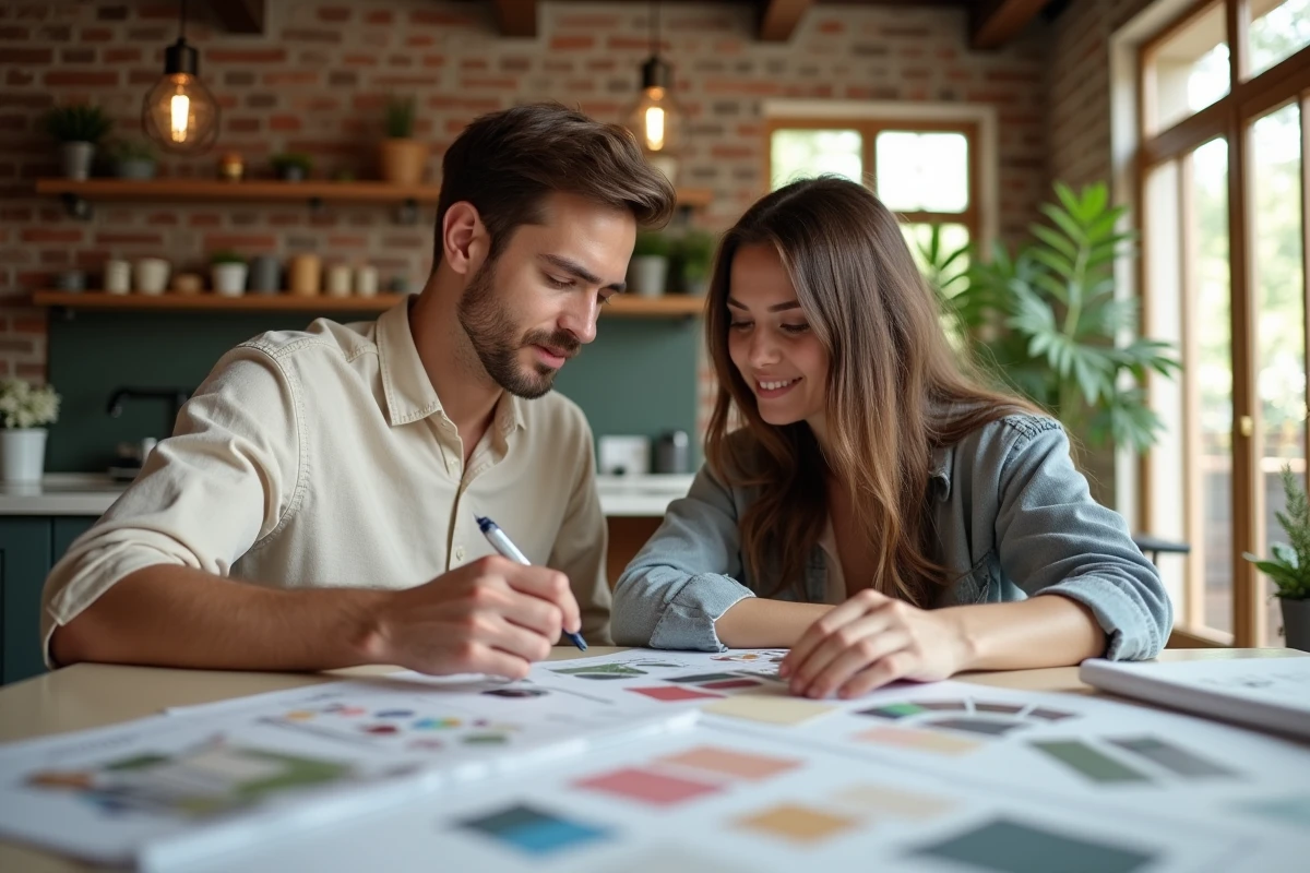 Jeune couple discutant de plans et d echantillons dans la cuisine
