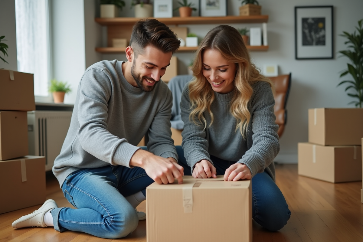 Jeune couple emballant une box dans un appartement moderne