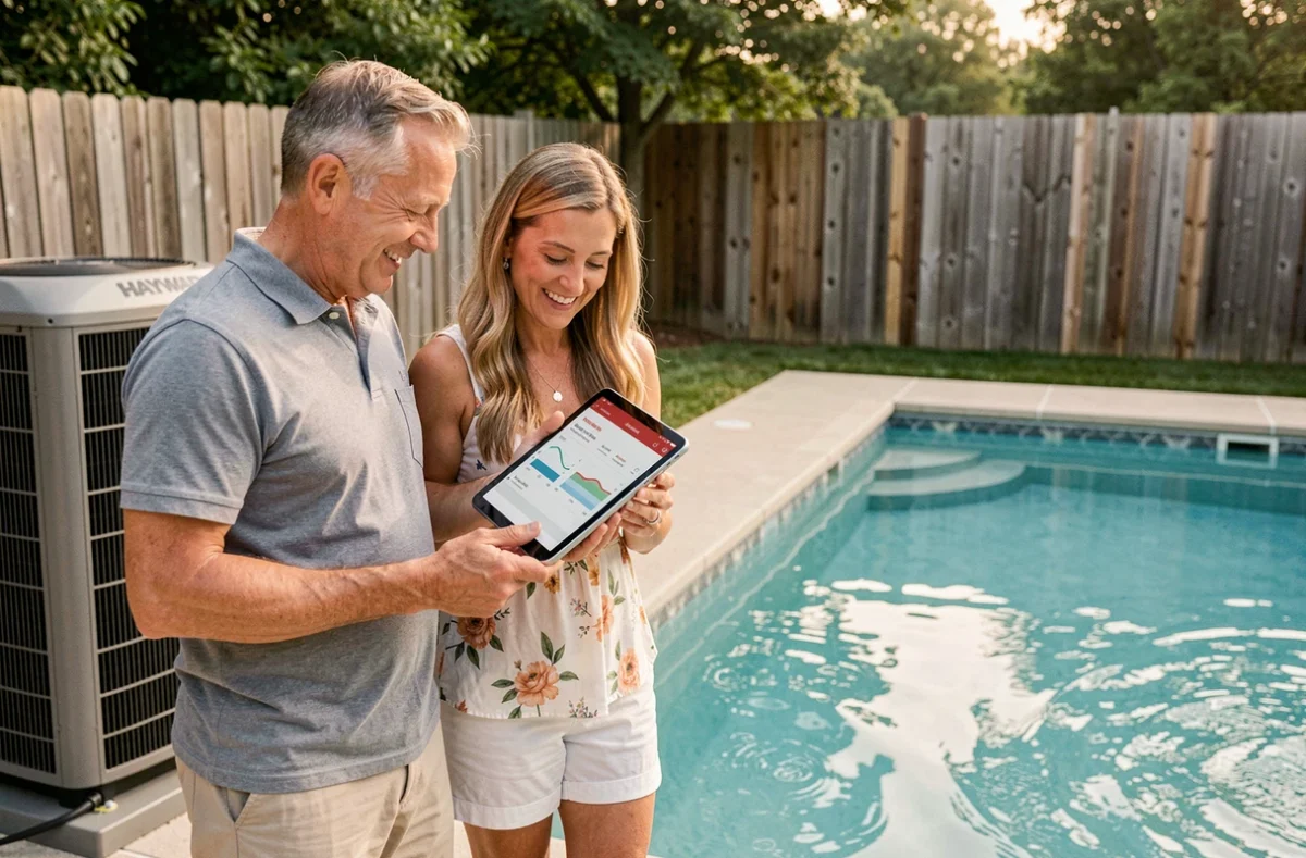 Couple consultant le prix d'une pompe à chaleur Hayward devant leur piscine privée