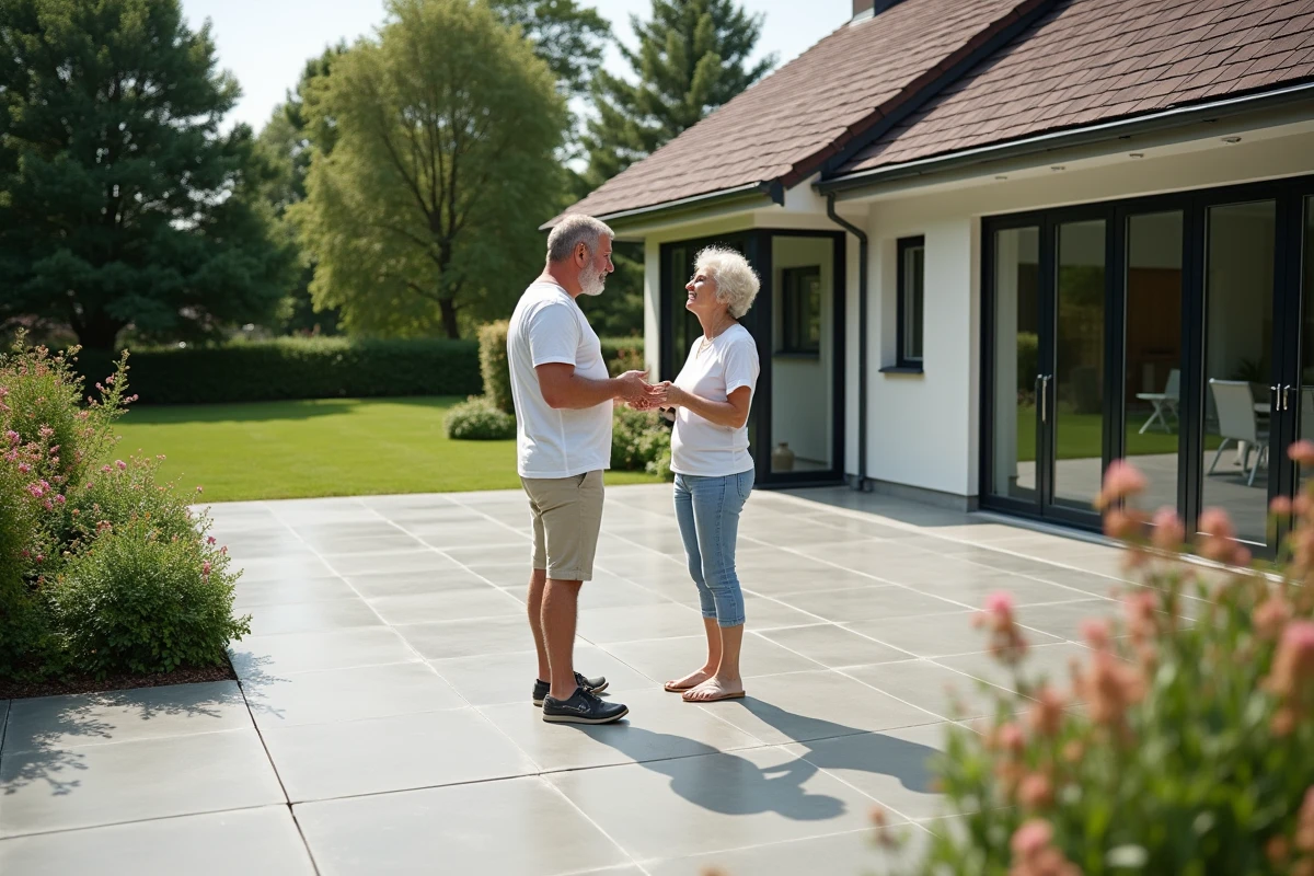 Couple discutant devant une terrasse en béton fraîche dans un jardin