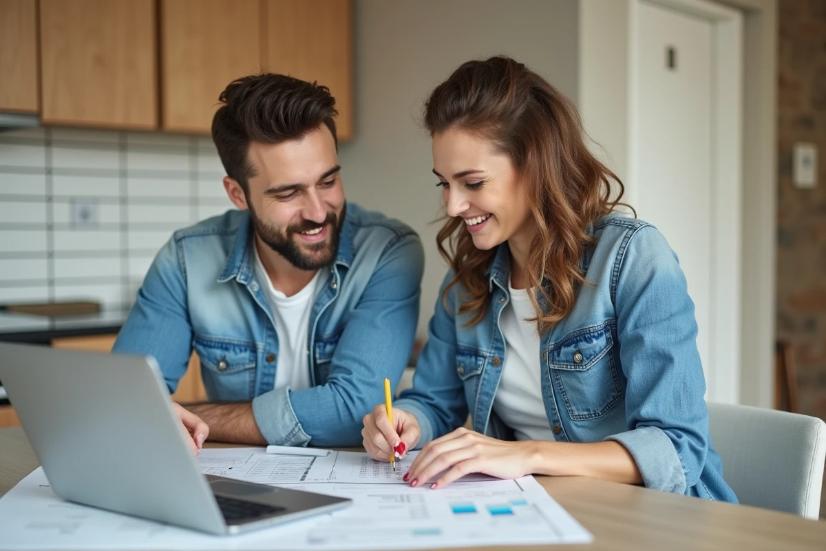 Couple discutant de budget dans une cuisine en rénovation
