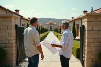 Couple examinant les plans d'une villa en copropriété horizontale devant l'entrée d'un lotissement résidentiel