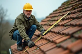 Couvreur professionnel mesurant la surface d'un toit en tuiles avec un mètre ruban lors d'une rénovation de toiture