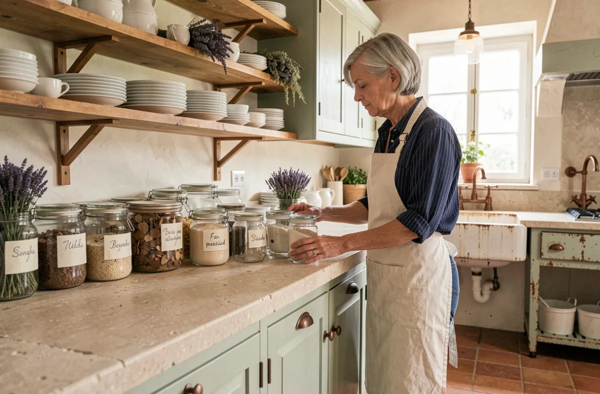 Cuisine de style campagne française avec rangements ouverts et bocaux en verre soigneusement organisés