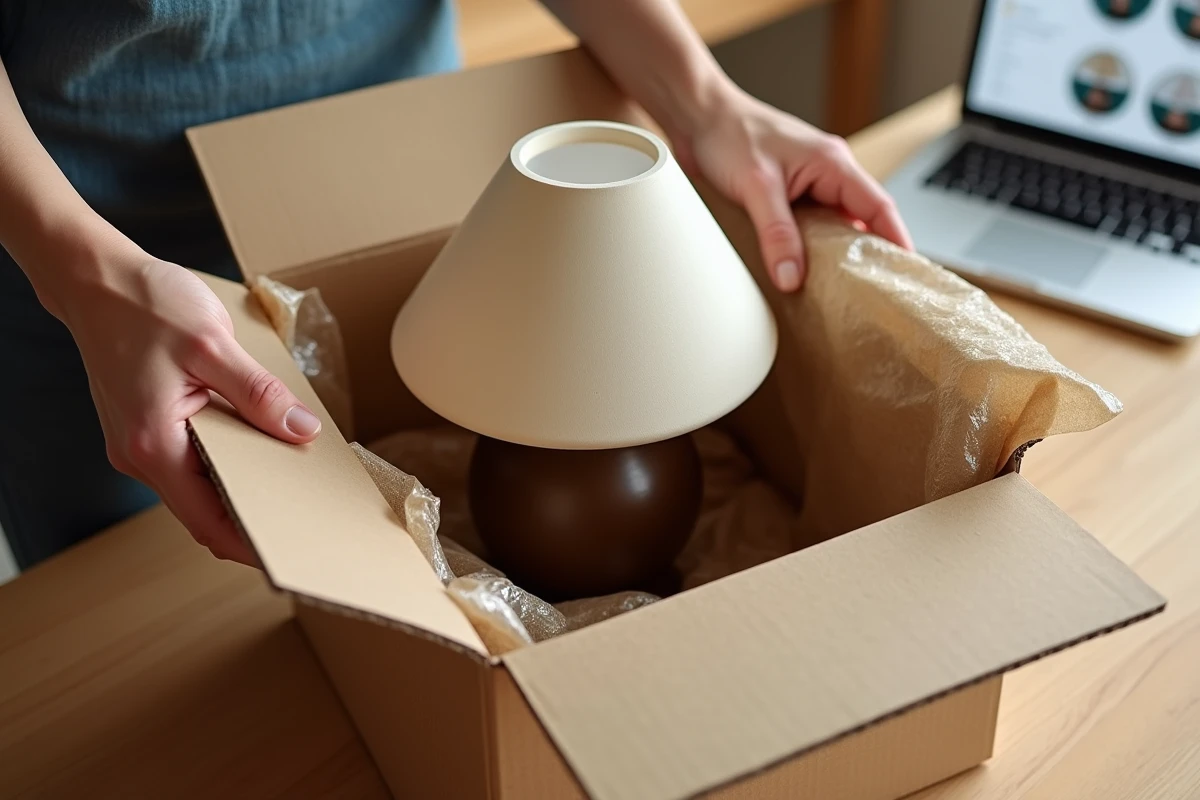 Déballage d'une lampe de chevet champignon commandée en ligne, posée sur une table en bois avec emballage de livraison