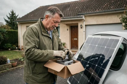 Homme déballant un panneau solaire Lidl dans son allée de maison individuelle