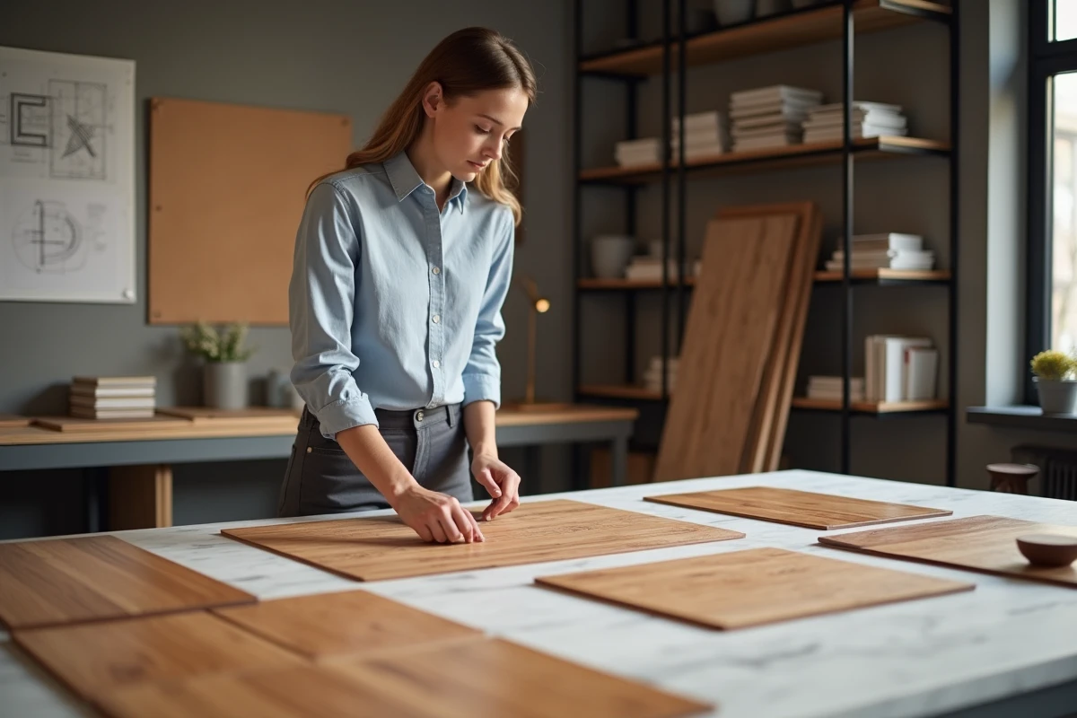 Jeune femme designer examinant des échantillons de placage bois