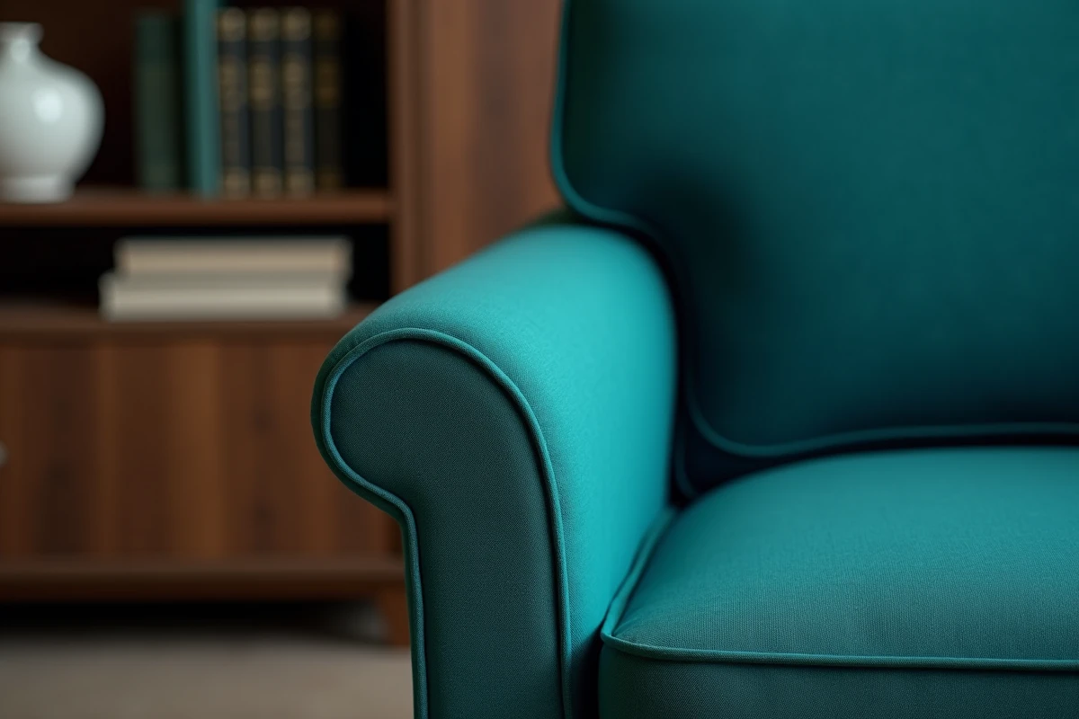 Détail rapproché d'une housse extensible bleu sarcelle sur l'accoudoir d'un fauteuil avec texture de tissu visible