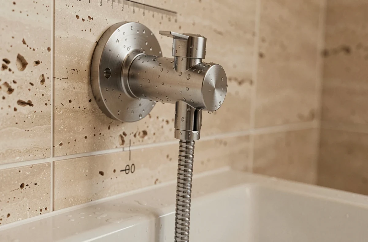 Détail d'un mitigeur de douche en inox brossé fixé à la bonne hauteur sur carrelage travertin au-dessus d'un receveur plat
