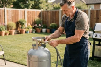 Homme connectant un détendeur propane à une bouteille de gaz pour alimenter un barbecue dans un jardin