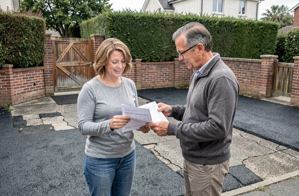 Propriétaire et entrepreneur examinant un devis pour la pose d'enrobé drainant sur une allée