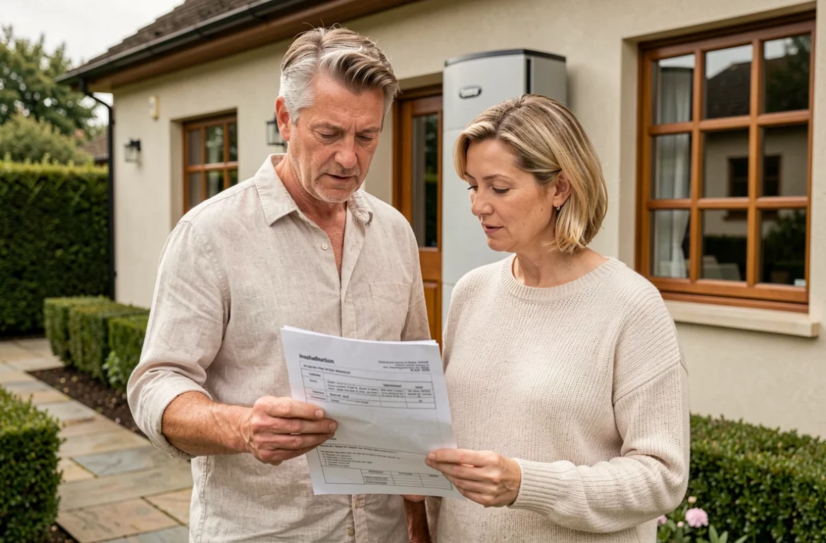 Couple de propriétaires étudiant un devis pour l'installation d'une pompe à chaleur Daikin 18 kW