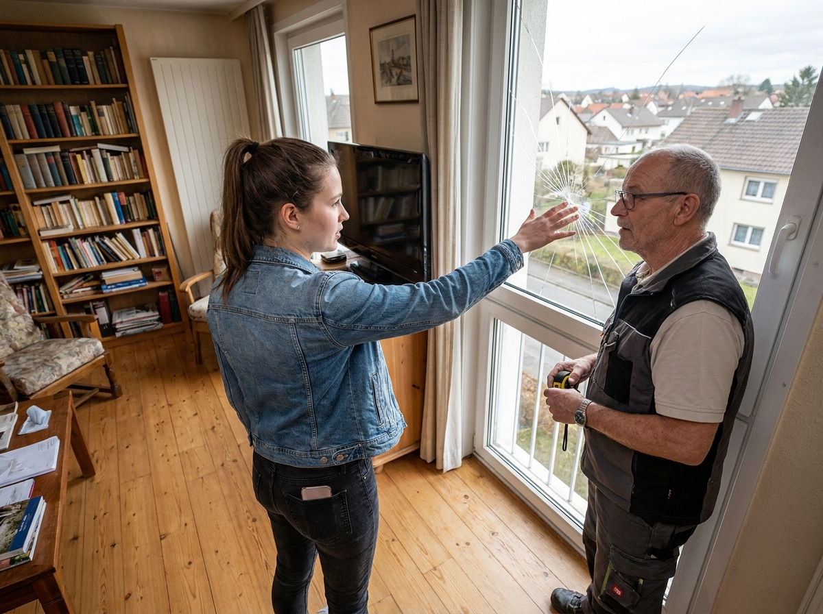 Jeune femme discutant avec un glazier dans un appartement à Massy