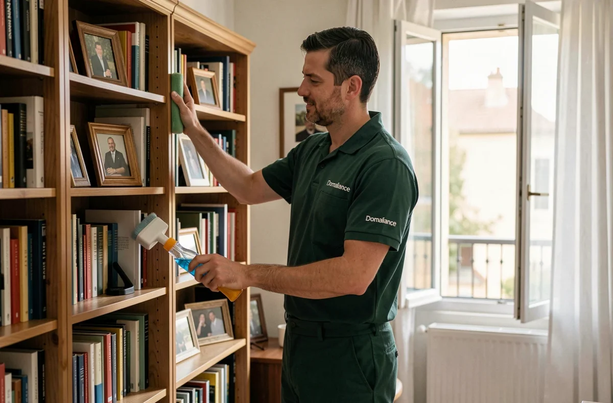Agent Domaliance en uniforme dépoussiérant une bibliothèque dans un bureau à Clermont-Ferrand