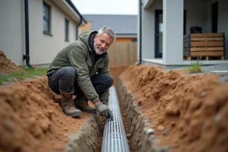 Poseur de drain en gravier autour des fondations d'une maison neuve en construction