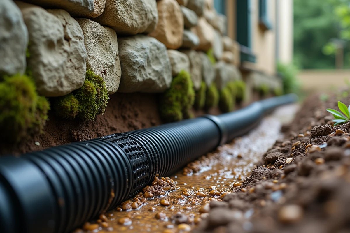 Système de drainage périphérique installé le long des fondations en pierre d'une maison ancienne