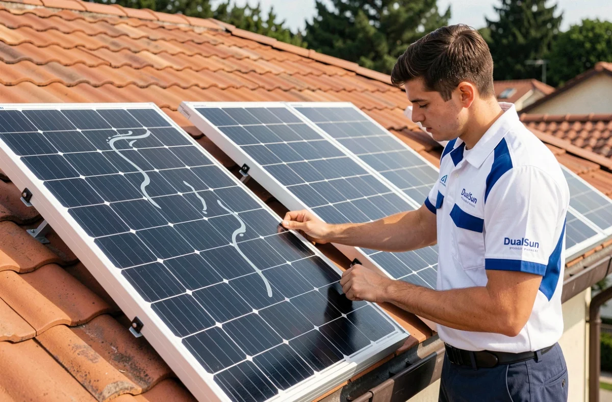 Installateur partenaire DualSun posant un panneau solaire hybride photovoltaïque et thermique sur une maison individuelle dans le Rhône