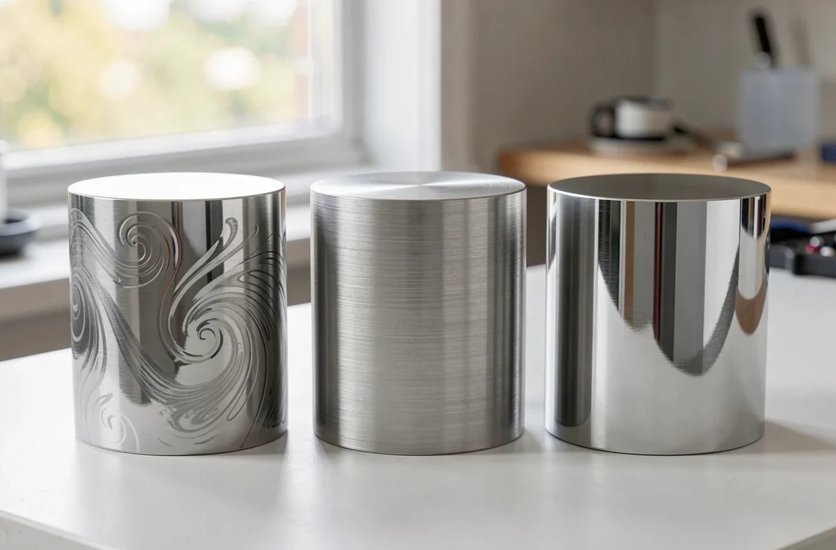 Échantillons d'inox vibré, brossé et poli côte à côte