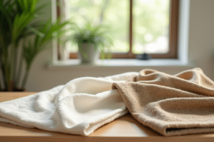 Echantillons de tissus coton et chanvre sur une table en bois