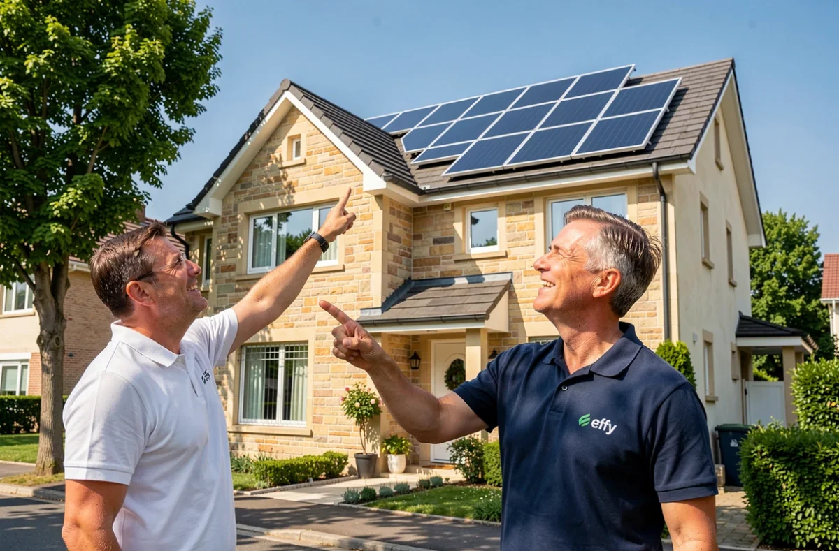 Consultant Effy évaluant l'orientation du toit d'un pavillon lyonnais avec le propriétaire pour une installation de panneaux solaires