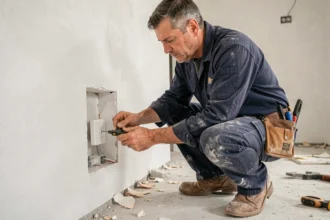 Électricien installant une prise électrique dans un mur en cours de rénovation avec plâtre et outils visibles