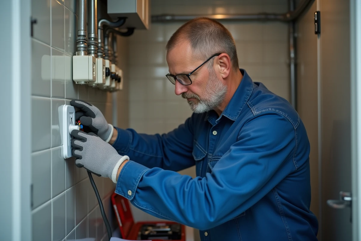 Électricien posant une prise triphasée dans un appartement
