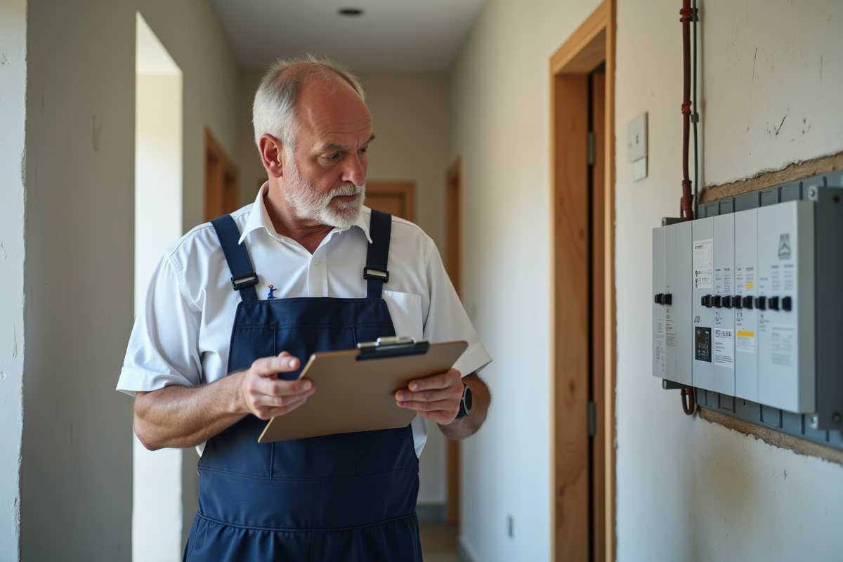 Électricien en uniforme vérifiant un tableau électrique dans une maison en rénovation