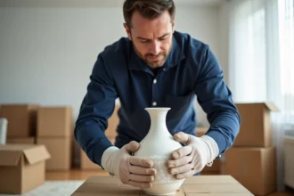 Déménageur professionnel emballant un vase en céramique fragile avec du papier bulle pour un transport sécurisé
