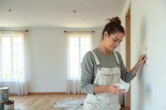 Femme en salopette tenant un bol de vinaigre blanc devant un mur fraîchement peint dans un grand salon en cours de rénovation